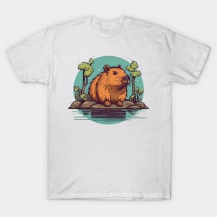 Cartoon capybara in pond logo illustration T-Shirt